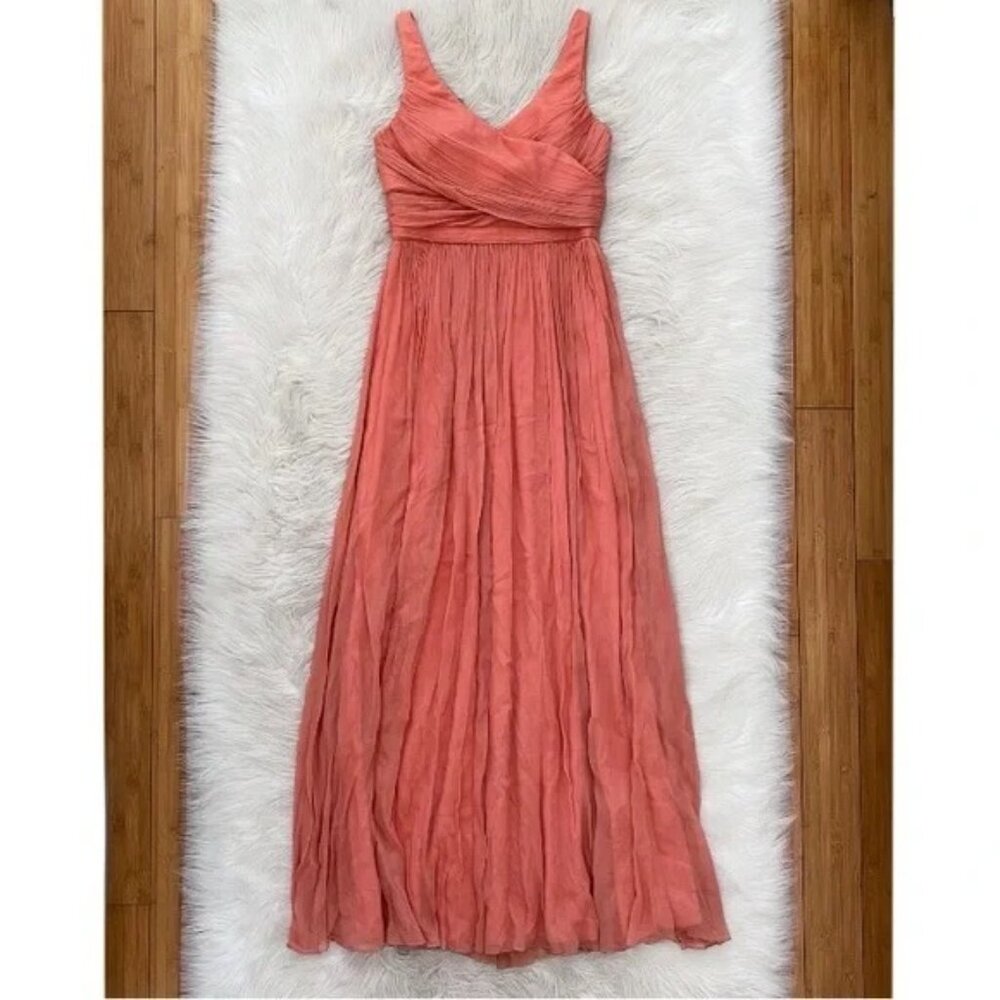 J. Crew Heidi Long Dress Silk Chiffon 0P Bright Coral $365 NWT